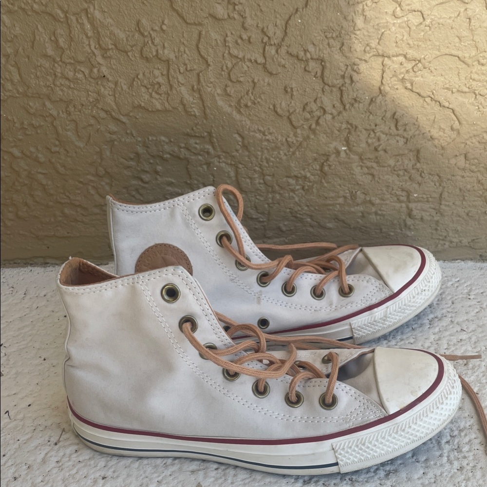 White High-Top Suede Converse with Tan Laces
